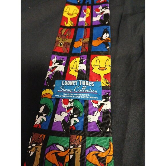 VTG Looney Tunes Bugs Bunny Daffy Duck 1997 Stamp Collection Classic Neck Tie - Picture 4 of 7